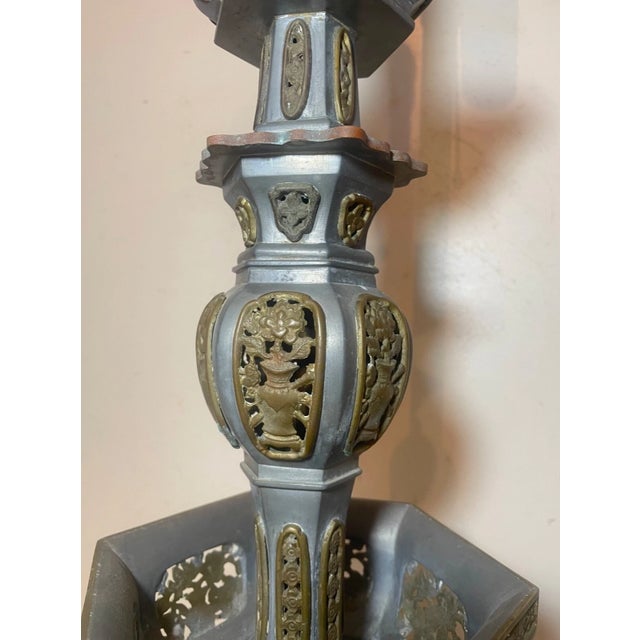 Metal Large Antique Chinese Handmade Pewter Brass Pagoda Tower Electric Table Lamp For Sale - Image 7 of 13