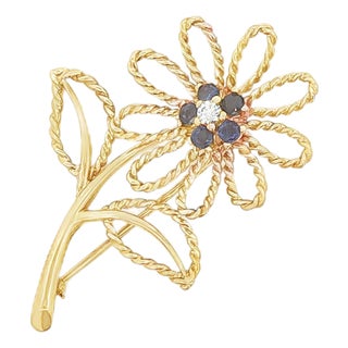 Late 20th Century 14k Gold Sapphire and Diamond Flower Brooch For Sale
