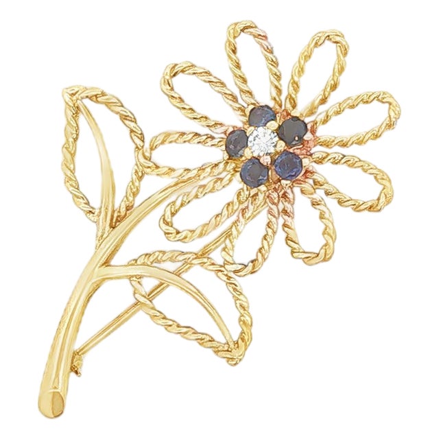 Late 20th Century 14k Gold Sapphire and Diamond Flower Brooch For Sale