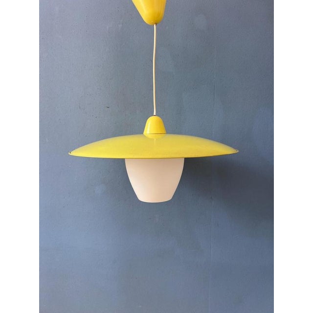 Yellow Mid-Century Modern Opaline Glass Pendant Lamp with Yellow Metal Shade For Sale - Image 8 of 13