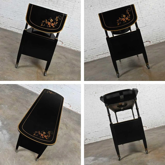 Wood Mid-20th Century Regency Style Drexel Black & Gold Drop Leaf Rolling Server Dry Bar Beverage Cart For Sale - Image 7 of 13