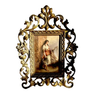 Antique Hand-Painted Original Signed Art of Porcelain Painting With Gilded Florentine Frame From Late 1800s For Sale