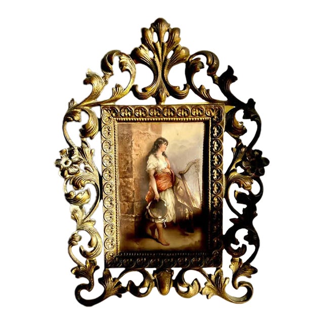 Antique Hand-Painted Original Signed Art of Porcelain Painting With Gilded Florentine Frame From Late 1800s For Sale