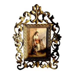 Antique Hand-Painted Original Signed Art of Porcelain Painting With Gilded Florentine Frame From Late 1800s