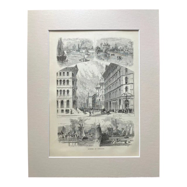 Antique 1874 Wood Engraving, "Scenes in Chicago" IL in Frame-Ready 11x14 Mat For Sale