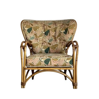 Vintage 1950s Heywood Wakefield MCM Bent Rattan Lounge Chair - One Owner, Original Fabric For Sale