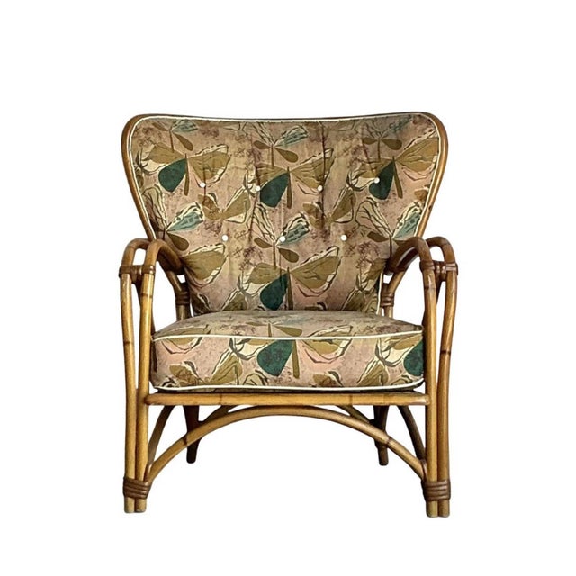 Vintage 1950s Heywood Wakefield MCM Bent Rattan Lounge Chair - One Owner, Original Fabric For Sale