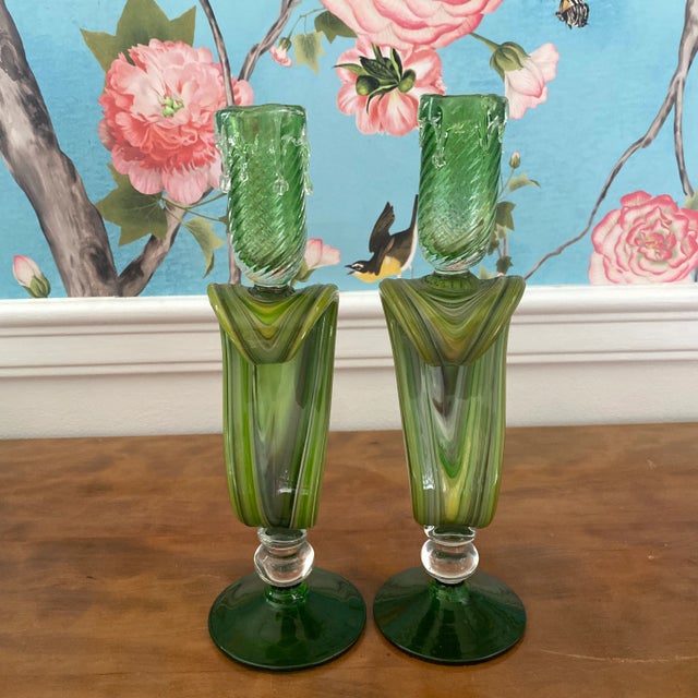 Late 20th Century Essie Zareh Green Blown Glass Candlesticks- a Pair For Sale - Image 4 of 11