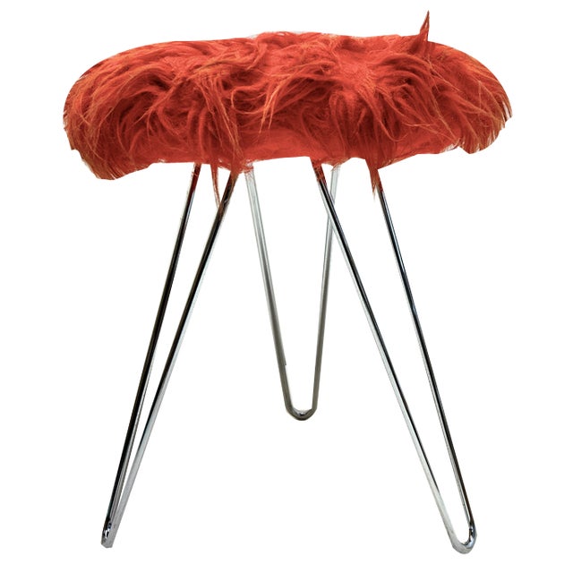 Tripod Fluffy Stool on Chromed Steel Hairpin Legs, 1950s For Sale
