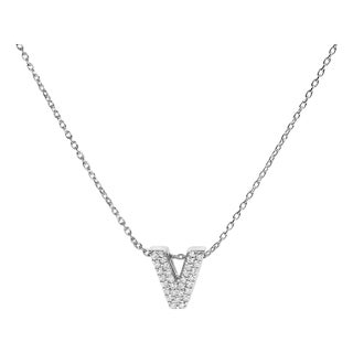 10K White Gold Diamond Accent "V" Initial Bubble Pendant Necklace For Sale