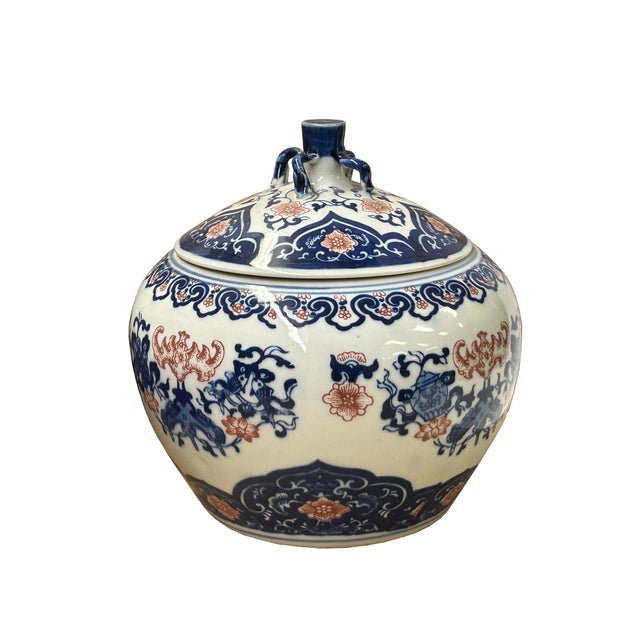 Oriental Blue White Red Symbol Bats Graphic Porcelain Round Container Box For Sale In San Francisco - Image 6 of 12