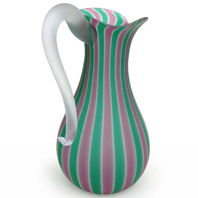 Mid-Century Modern Murano Fratelli Toso Satin Surface Pink Green Canne Vintage Italian Art Glass Mid-Century Modern Pitcher For Sale - Image 3 of 6