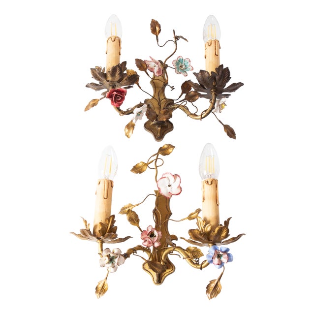 Vintage French Wall Lights in Brass and Porcelain Flowers, 1950s, Set of 2 For Sale