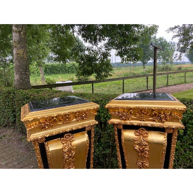 Gold 1990 French Louis XVI Gold Black Beech Wood Marble Pedestals Pair For Sale - Image 8 of 12