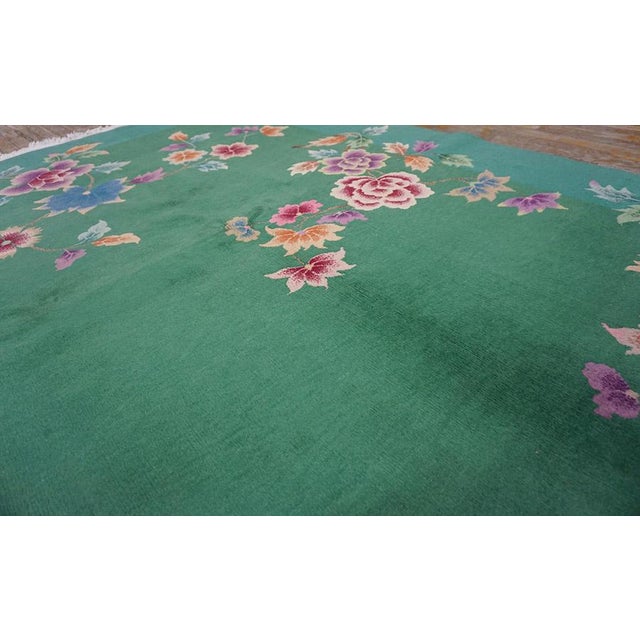 1920s Green Floral Modern Antique Chinese Art Deco Rug 8' 8"x11' 4" Handknotted Wool Carpet For Sale In New York - Image 6 of 13