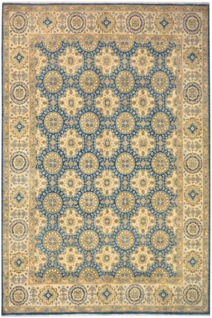 1990s Boho Chic Kafkaz Blue & Beige Wool Rug - 9'0 X 12'5