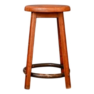 High Workshop Stool in Wood and Patinated Blue Metal For Sale