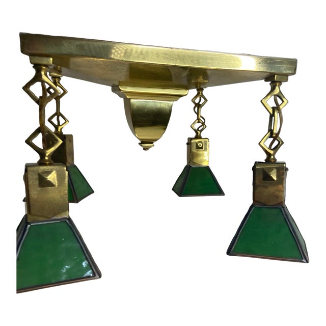 Antique Tungstolier 4 Light Brass Chandelier Mission Arts Craft Green Slag Glass For Sale