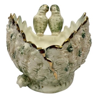 Antique Ceramic Lovebird (Parakeets) Gilded Shell Planter Cachepot Rare. For Sale