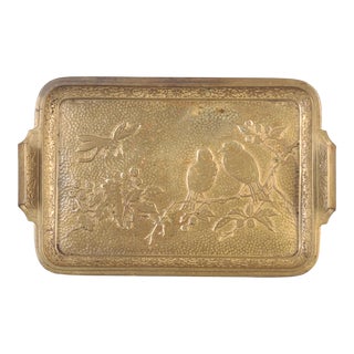 Early 20th Century Asian Motif Bronze Love Birds Dragon Fly Floral Hand Hammered Footed Vanity Dresser Tray For Sale