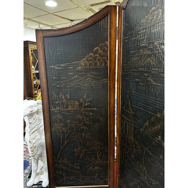 Stunning 4 panel ETHAN ALLEN arched chinoiserie screen. Wood base and textured black and gold Asian motif paintings. Each...