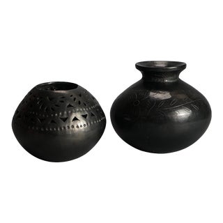 Antique Mexican Folk Art Black Reticulated & Incised Pottery Vases c1920 - Set of 2 For Sale