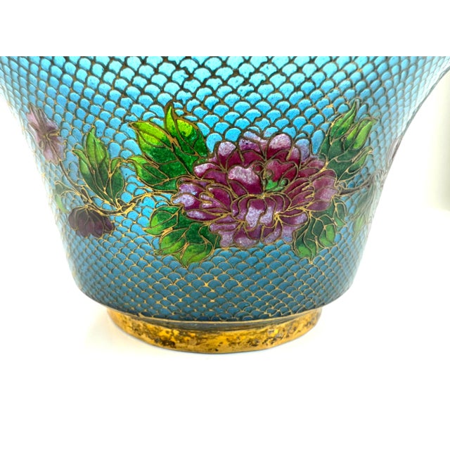 A striking example of traditional Chinese cloisonné, this vintage flared decorative bowl captivates with its intricate...