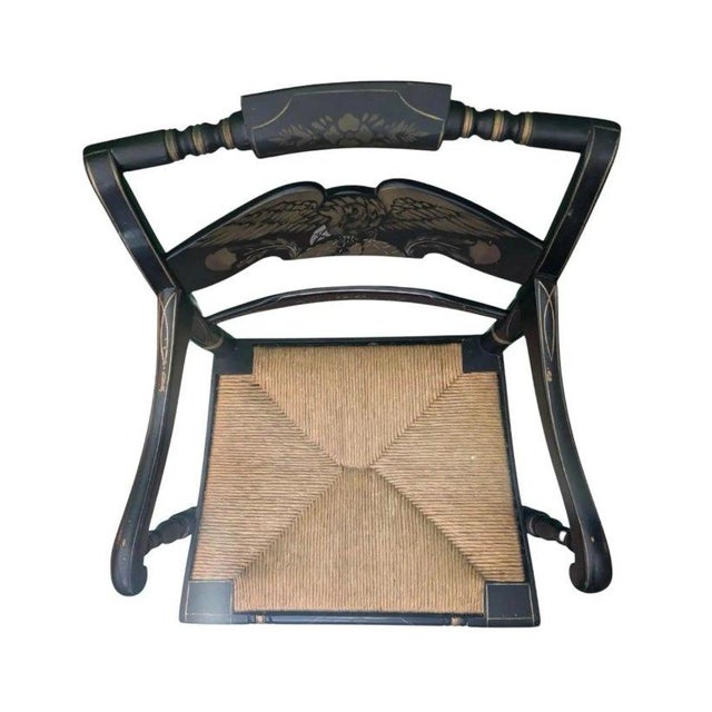 Ethan Allen Pair of Antique Hitchcock-Style Black and Gold Eagle Armchairs With Rush Seat For Sale - Image 4 of 6