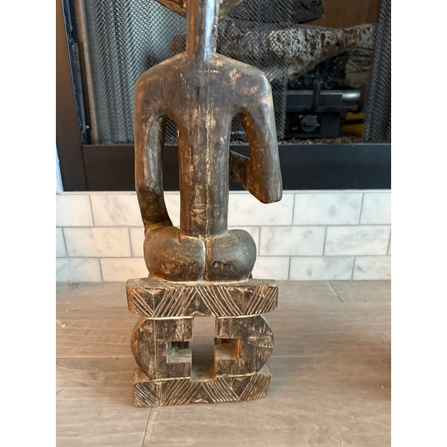 Monumental Hand-Carved West African Figural Sculptures With Cowrie & Textile Masks — Pair For Sale - Image 13 of 15