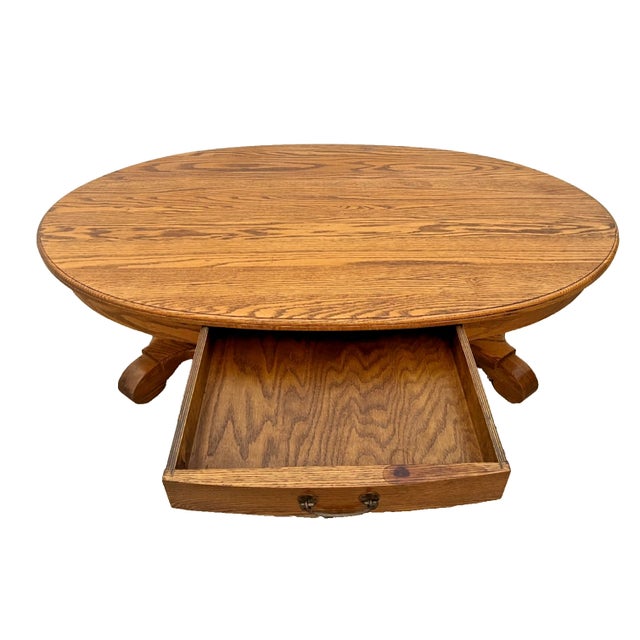 Traditional Oval Coffee Table Tiger Oak, Center Drawer, Shelf, Empire Style, Made by Heirloom Enterprises Inc. For Sale - Image 3 of 12