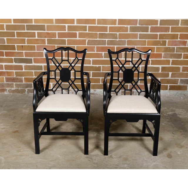 Mid 20th Century Pair of English Chinese Chippendale Style Black Lacquered Armchairs, circa 1950 For Sale - Image 5 of 12