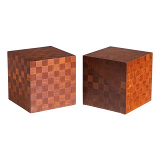 Thayer Coggin Style Mid Century Walnut Parquet Cube End Tables - Pair For Sale