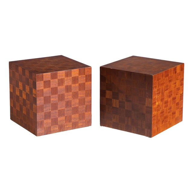 Thayer Coggin Style Mid Century Walnut Parquet Cube End Tables - Pair For Sale