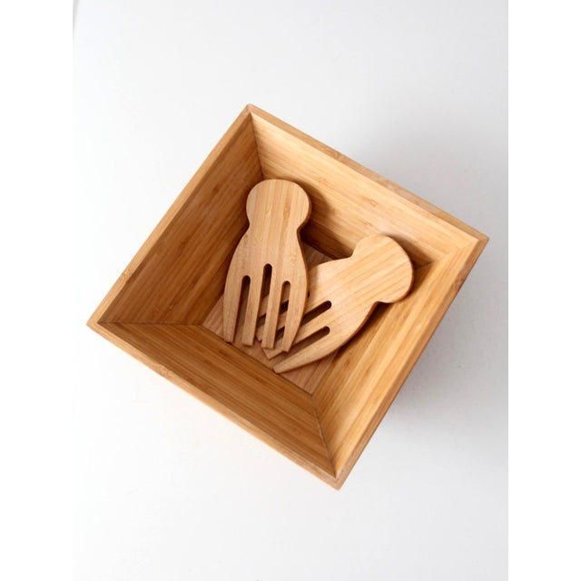 Shabby Chic Vintage Bamboo Salad Serving Bowl With Hand Shaped Serving Utensils For Sale - Image 3 of 18