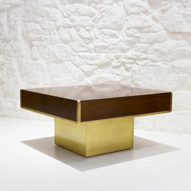 Table in burgundy walnut, base and brass inserts from the 1970s