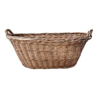 Antique French Country Wicker Laundry Basket With Wood Base For Sale