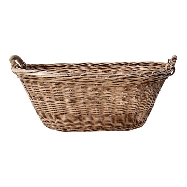 Antique French Country Wicker Laundry Basket With Wood Base For Sale