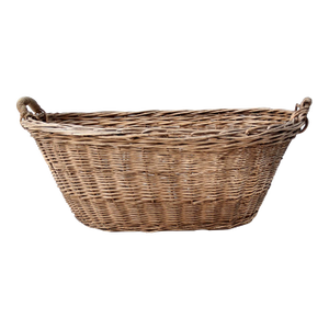 Antique French Country Wicker Laundry Basket With Wood Base