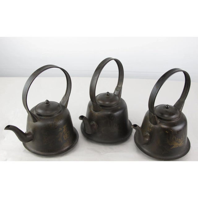 Chinese Copper Decorative Beijing Teapots - Set of 3 For Sale - Image 3 of 9