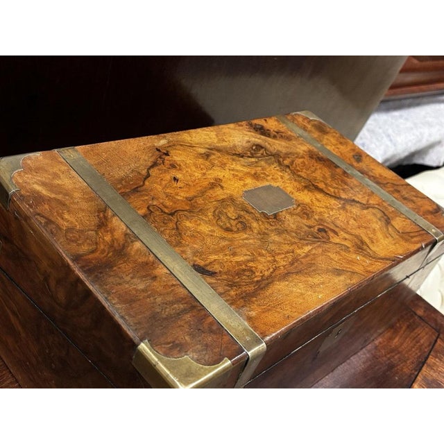 Victorian Campaign Burr Walnut Writing Box with Fitted Interior and Secret Drawers For Sale - Image 5 of 14