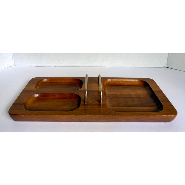 Mid-Century Modern 1950s Mission California Mid-Century Carved Wood Desk Organizer With Brass Dividers For Sale - Image 3 of 7