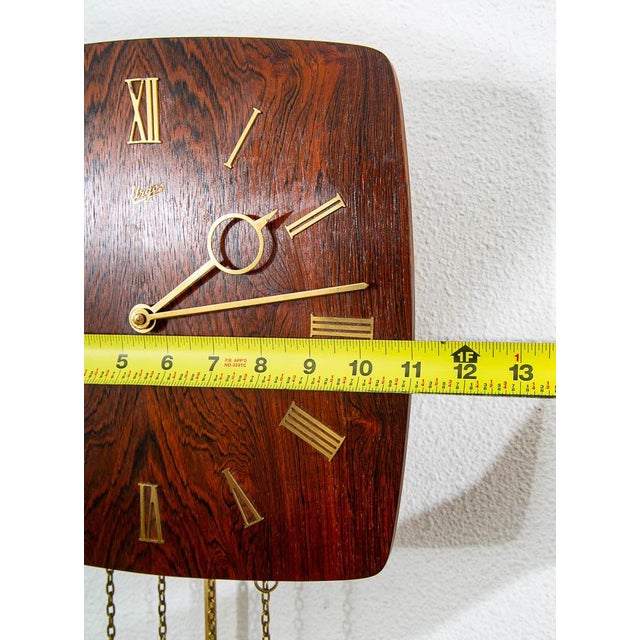 Brown Mid Century Modern Wall Clock Rosewood Pendulum Weights Hanging Square Chime For Sale - Image 8 of 9