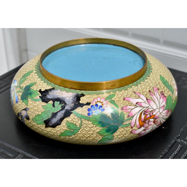 Vintage Chinese Cloisonne Enamel Bowl Bird Chrysanthemum Floral Centerpiece 8" For Sale - Image 11 of 12