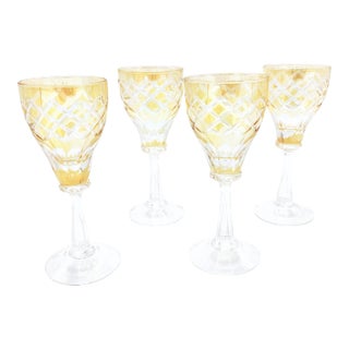 Vintage Hand Crafted Golden Yellow Crystal Cut Mini Goblets / Aperitif Cordial Glasses - Set of 4 For Sale