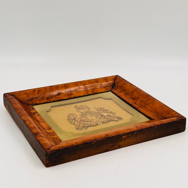 Brass Vintage Framed English Brass Royal Coat of Arms in Burlwood Frame With Green Velvet Mat For Sale - Image 8 of 16