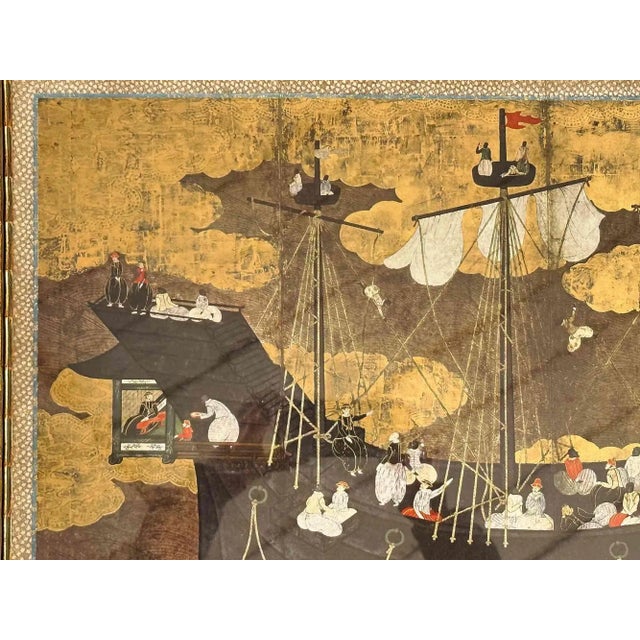 Vintage Japanese framed print of a Portuguese ship entering a Japanese harbor. Circa 1960's. Description on the back...