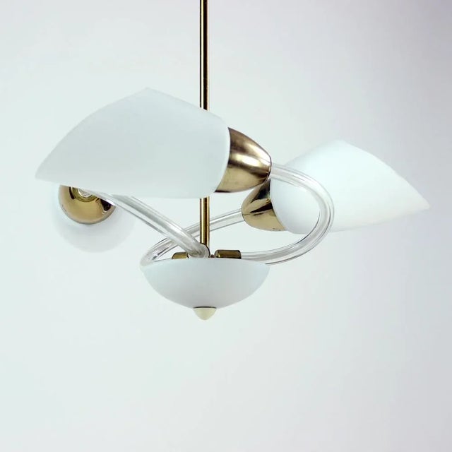 1960s Mid-Century Czechoslovakian White Glass and Brass Ceiling Lamp, 1960s For Sale - Image 5 of 9