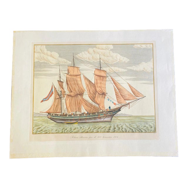 19th Century Hand Colored Ship Engraving by V Cioni For Sale