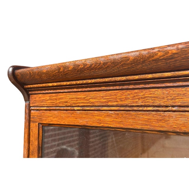 Antique Arts & Crafts Four Section Tiger Oak Lyre Carved Barrister Bookcase For Sale In Boston - Image 6 of 11