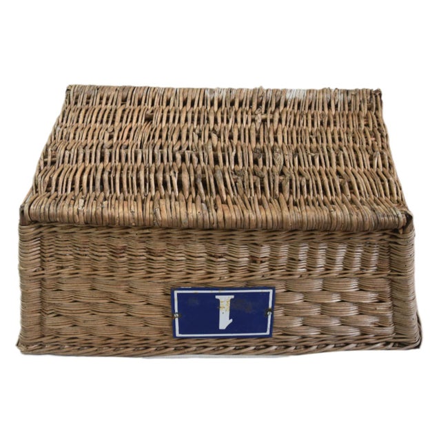 Wood Rustic Primitive Farmhouse French Wicker Market Basket With Number Plate For Sale - Image 7 of 8